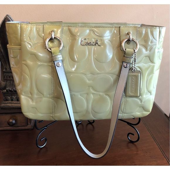 Coach Handbags - COACH - Hampton Signature C Patent Leather Tote/Shoulder Bag in Chartreuse￼.